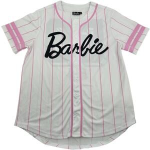 Women's White Pink Pin Striped Barbie No. 59 Baseball Jersey Size Large